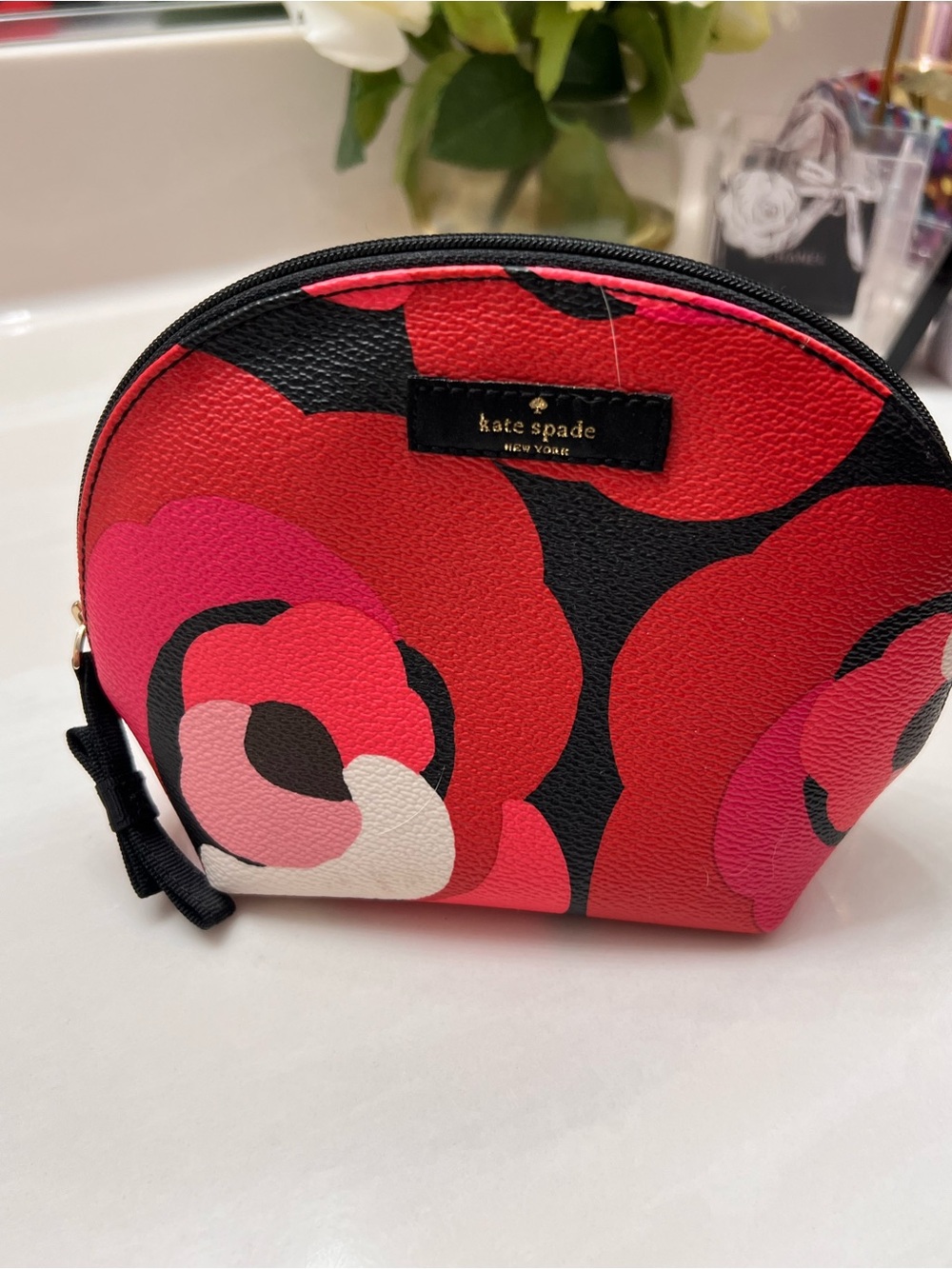 Kate Spade ♠️ Red and Pink Floral Dome Cosmetic Pouch NWT